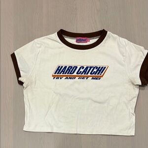 Edikted White and Brown Cropped Tee with Sporty Graphic